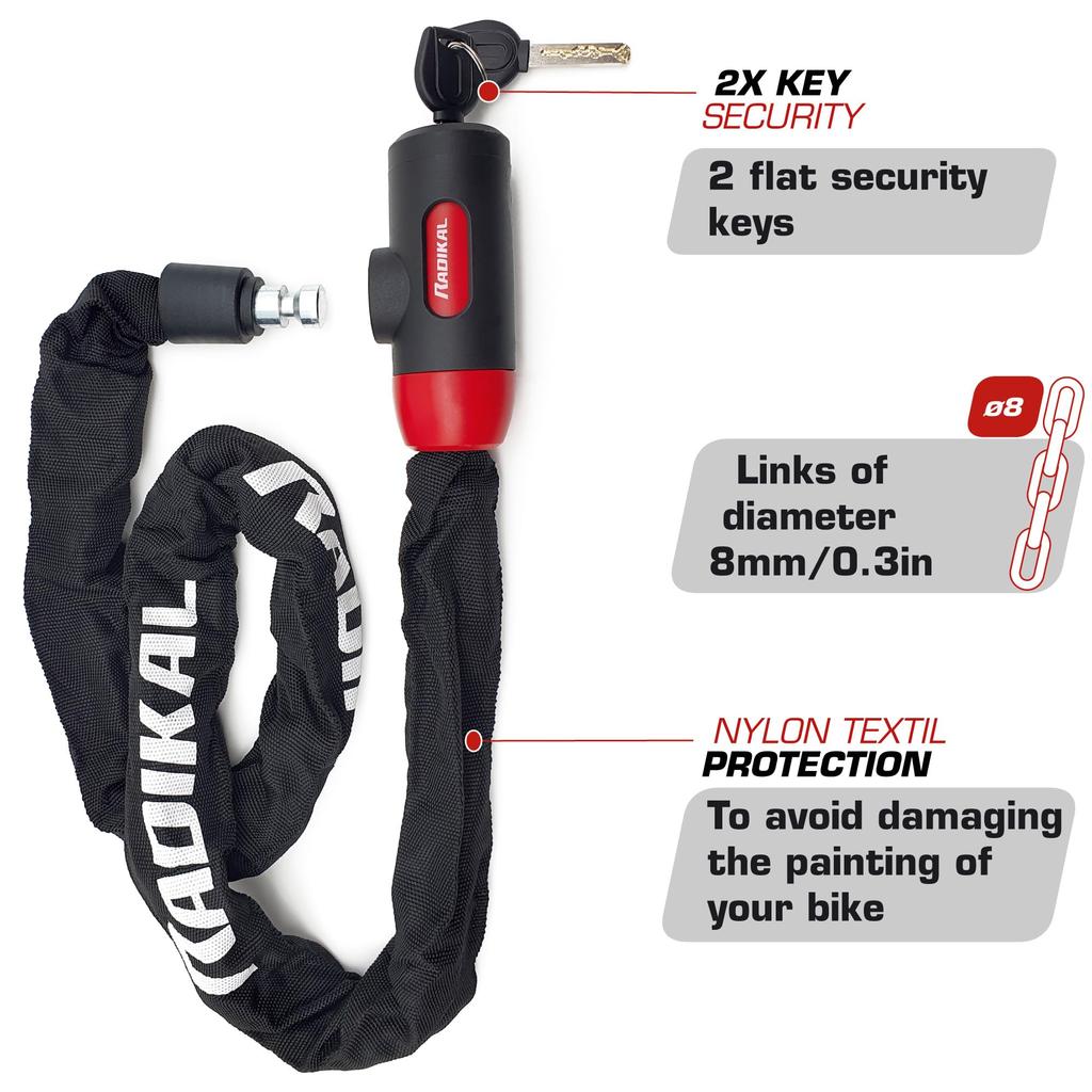 RADIKAL RKX120 Bicycle Chain for Motorcycles and 8mm Reinforced 120cm Universal Garage Anchor for Electric Scooters and Bikes Lock, Anti-Theft