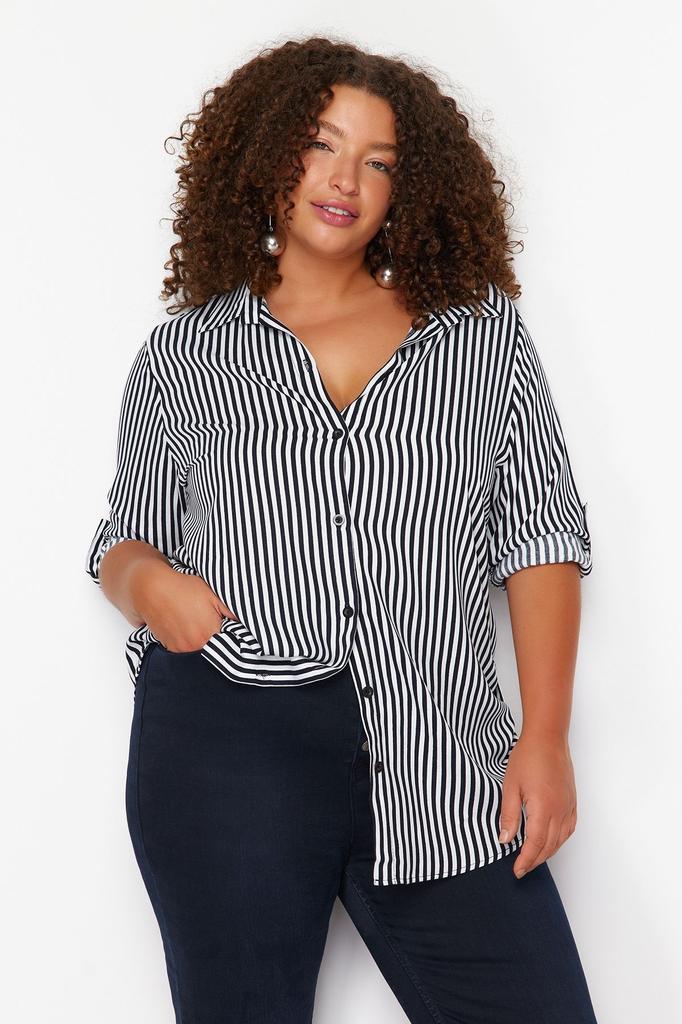 Women's Style Plus Size Black-White Striped Shirt