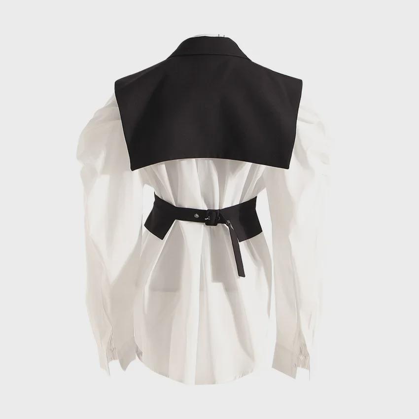 Весенний комплект из корейской тонкой белой рубашки с рукавами-фонариками и жилета на талии 2025 года