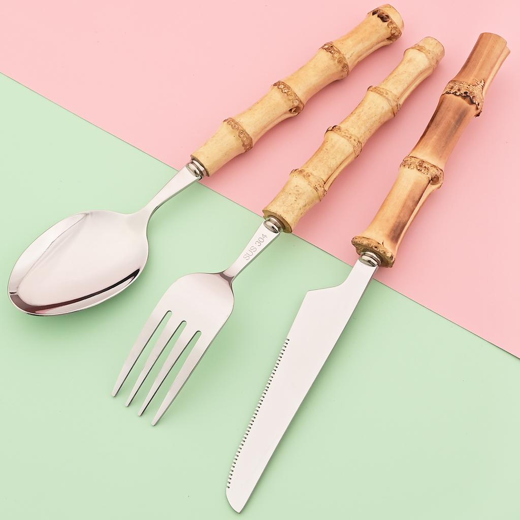 1Pc Wood Bamboo Handle Cutlery 304 Stainless Steel Dinnerware Serving Fork Spoon Flatware Knife Salad Fork Tea Spoon Tableware
