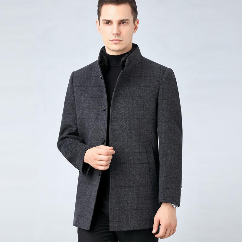 Зимнее двухстороннее шерстяное пальто для мужчин, шерстяная ветровка средней длины, воротник-стойка, воротник из меха норки, куртка на пуху