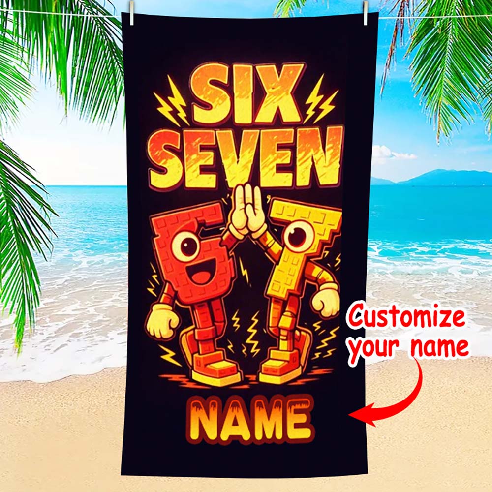 1pc Custom Personalized Number Six Seven Beach Towel, Cool Cartoon Gamer Themed Quick Dry Towel For Summer Beach Vacation