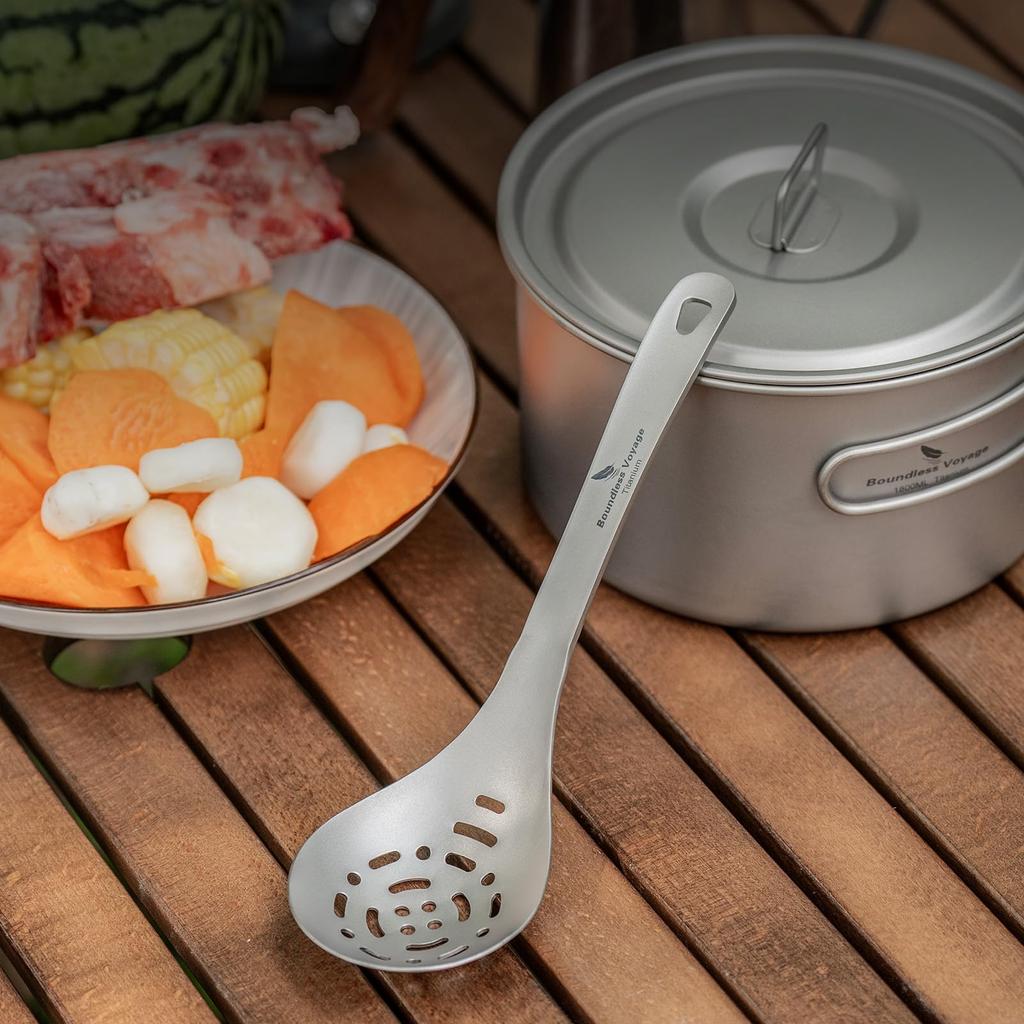 Boundless Voyage Titanium Slotted and Design with Long and Ideal for and Camping Ti1038A Spoon, Ladle, Skimmer, Lightweight, One-Piece Handle,