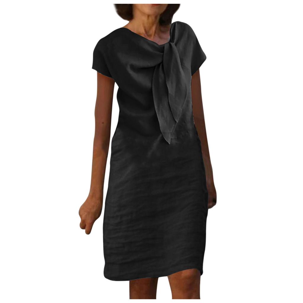 Fashion High Street Straight Loose Mid Dress Vintage O Neck Bow Tie Party Dresses Casual Office Lady Short Sleeved A-line Dress