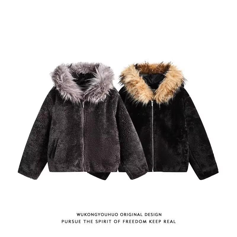 American Retro Fur Collar Hooded Cotton Clothes Autumn And Winter Tide Brand Ruffian Handsome High-End Loose Zipper Cardigan Jacket Solid Color Tide