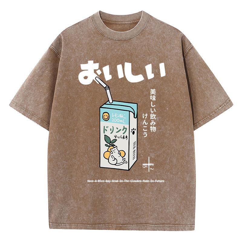 Повседневная женская хлопковая стираная футболка с принтом в виде мультфильма «Питьевой напиток» с коротким рукавом и свободным круглым вырезом, винтажная женская одежда