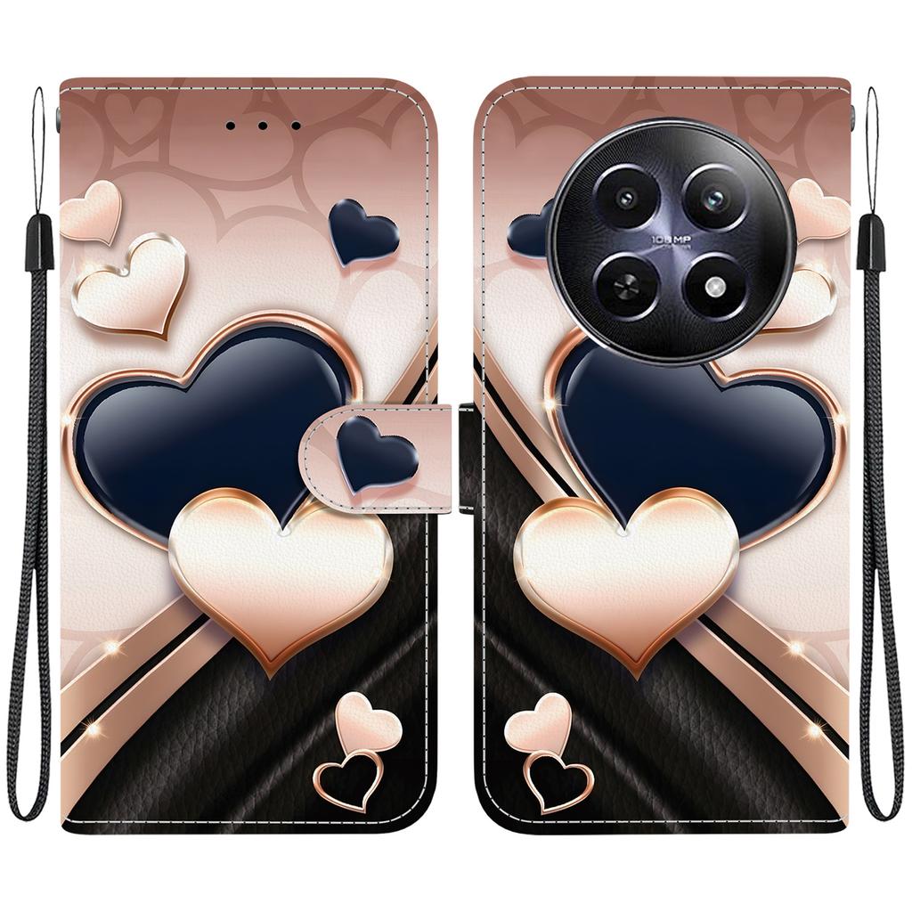 Чехол-книжка из искусственной кожи ручной работы для Realme 12 (5G/RMX3999) Противоскользящий ударопрочный чехол с ремешком на запястье и дизайнами в виде сердец/роз и кошек