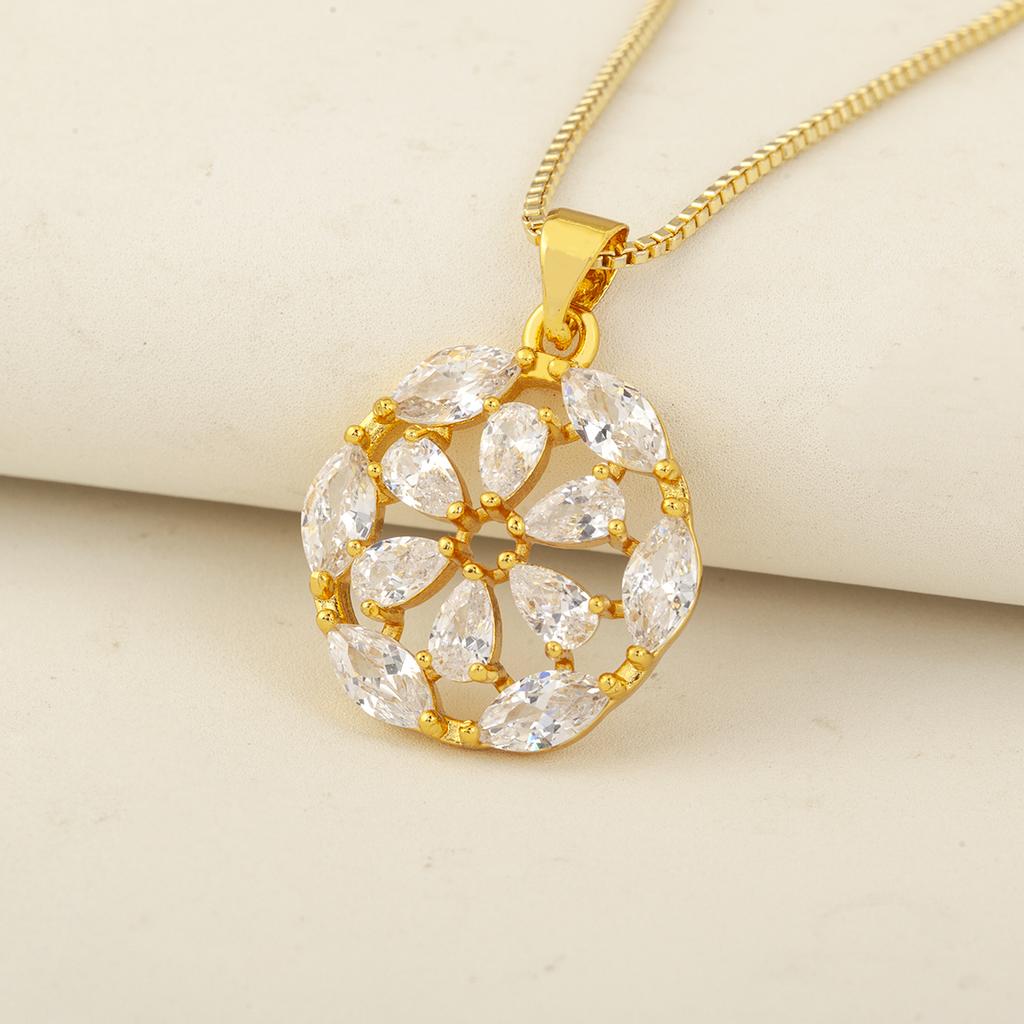 Nidin Light Luxury Trendy Water-drop/Heart Crystal Zircon Flower Pendant Necklace For Women Female Round Shape Delicate Jewelry