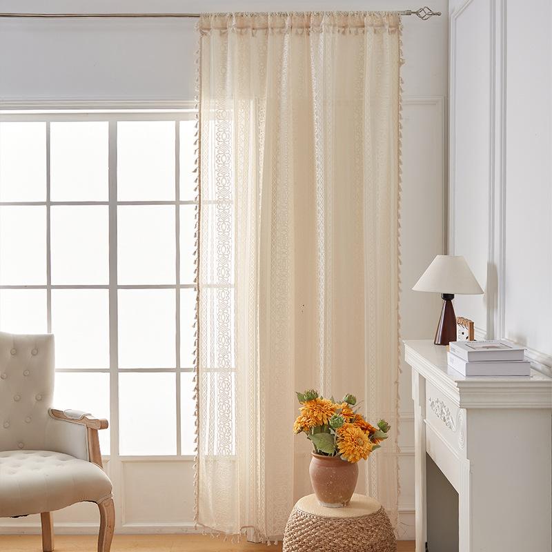 Vintage Curtain Rod Cotton Linen Curtain Tassel Beige Living Room Balcony Sheer Curtain