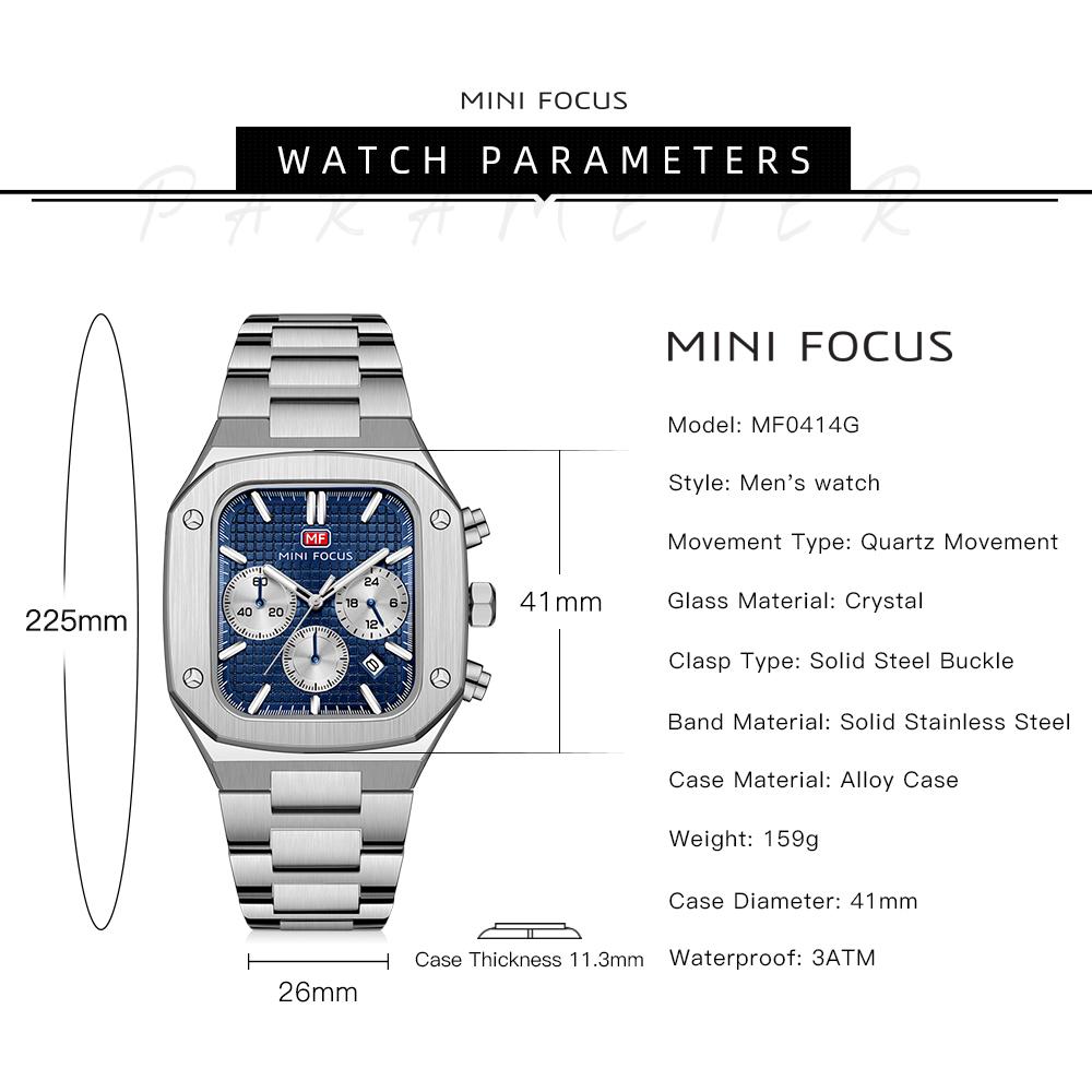 Top Luxury With Box MINI FOCUS Watch Square Men's Watch Waterproof Marine Watch Multifunctional Steel Belt Men's Quartz Watches
