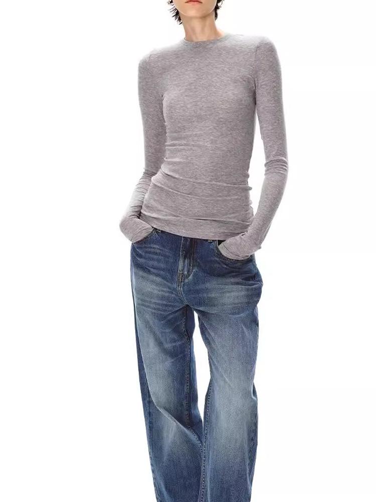 Женская приталенная футболка с длинным рукавом в стиле ретро из легкой американской шерсти и тенселя - Приятный к коже и эластичный базовый слой