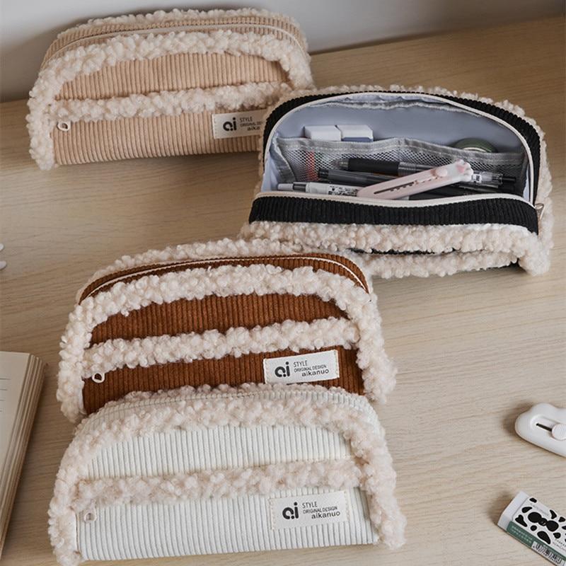 Creative Pencil Case Winter Fashion Simplicity Solid Color Wool Corduroy Pencil Bag High Capacity Stationery Storage Bag Student