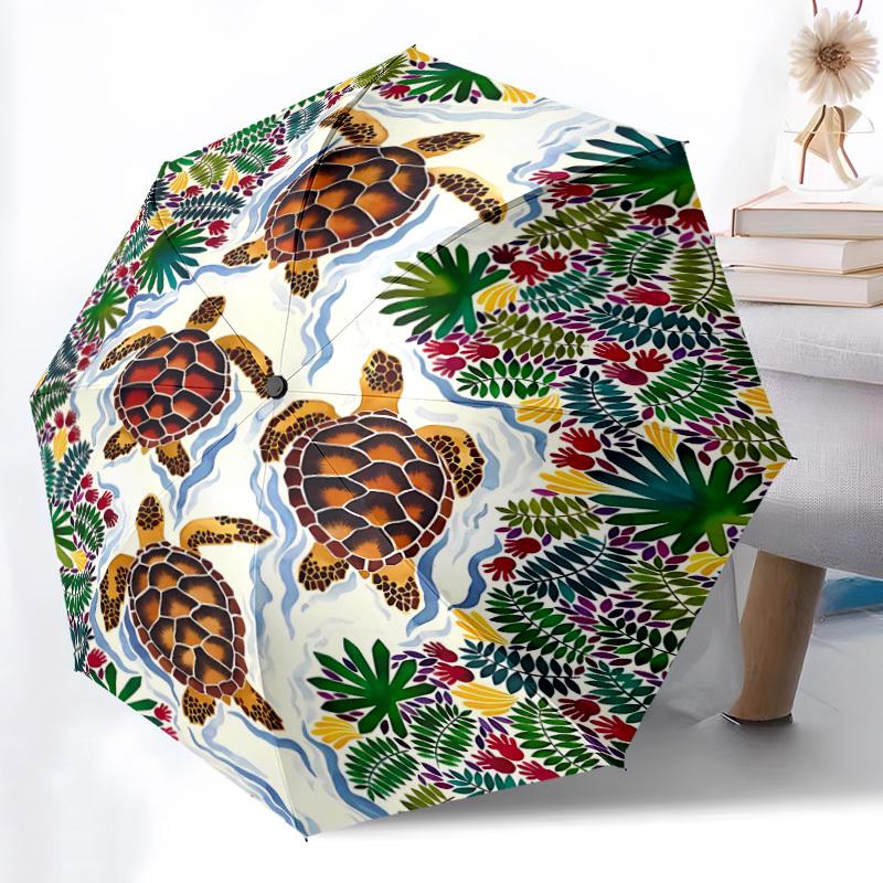 1pc Turtles Leaves Automatic Folding Umbrella, 8-Rib Durable Iron Frame, Compact Travel Umbrella for Women & Men 078