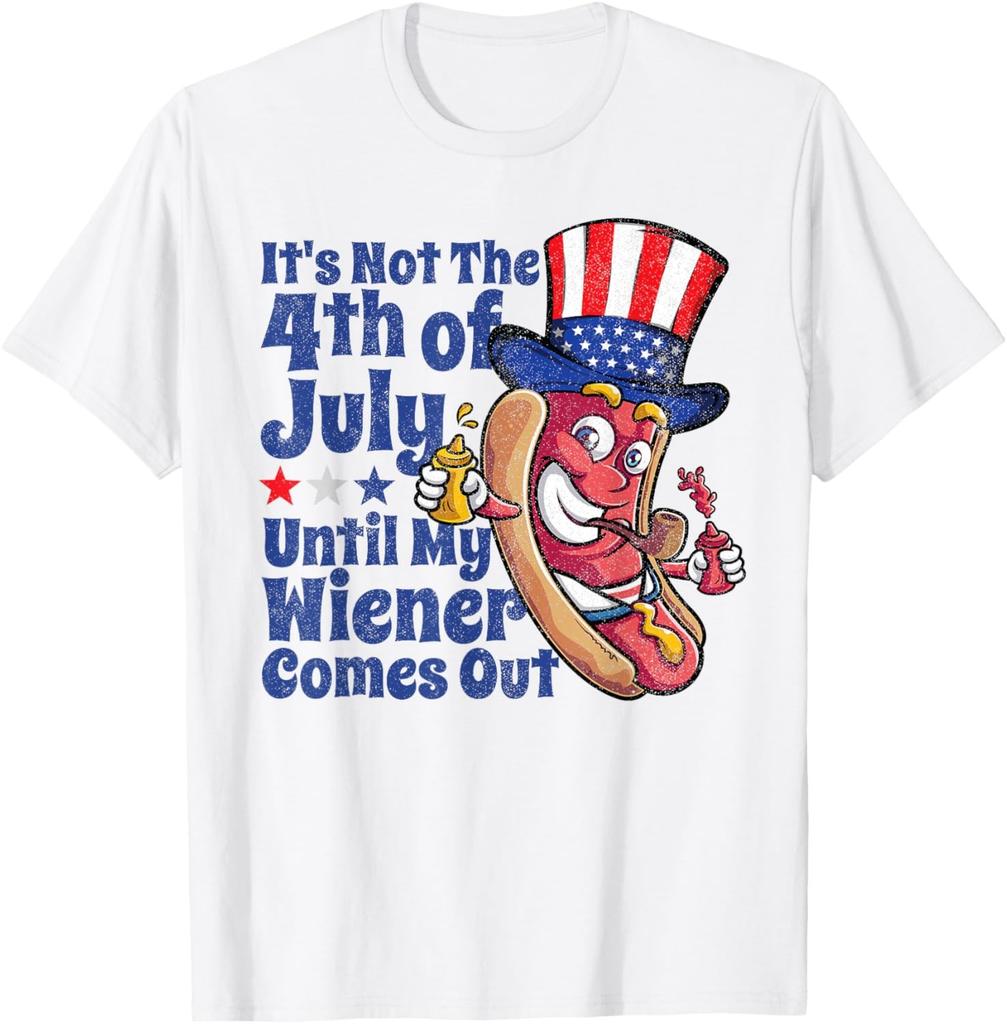 Mens Funny 4th of July Hot Dog Wiener Comes Out Adult Humor Gift T-Shirt