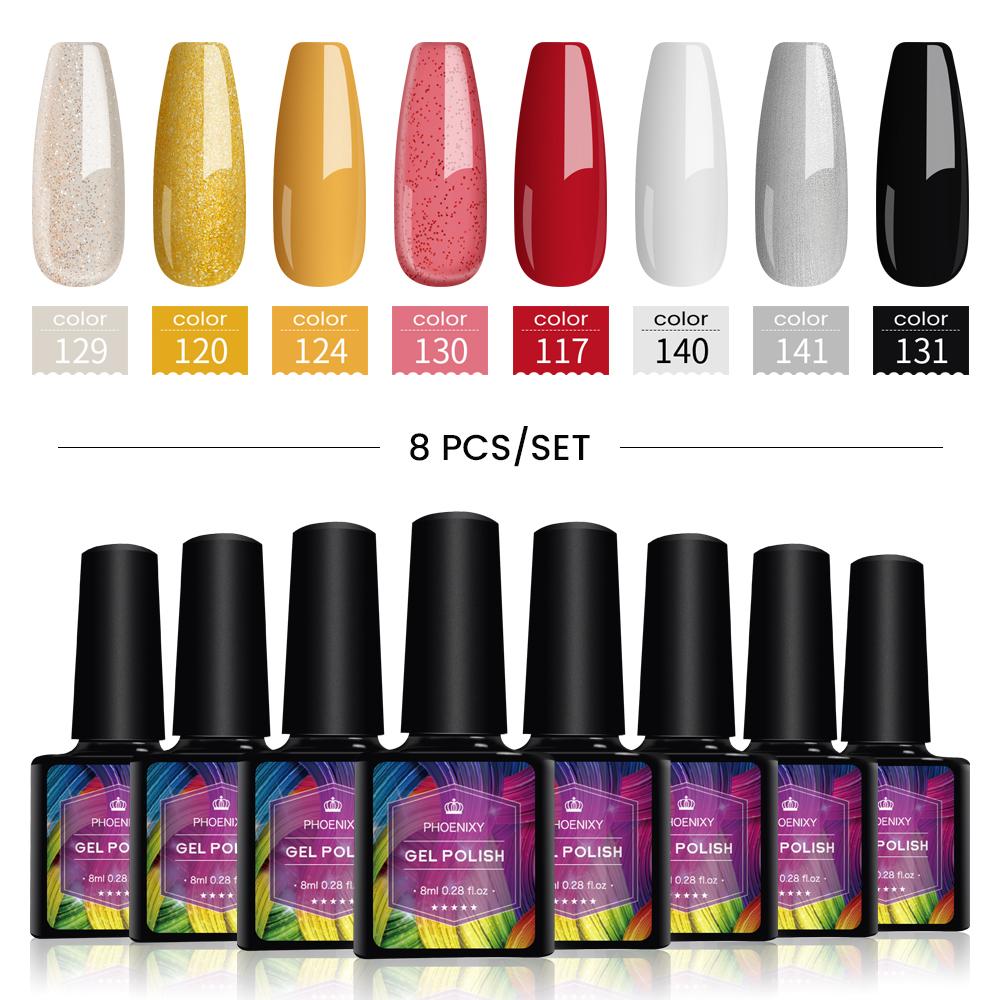 PHOENIXY 8 мл набор гель-лаков для ногтей 8 цветов УФ-гель-лак для ногтей стартовый набор Soak Off блестящий блестящий гель-лак для ногтей набор лаков для ногтей подарки маникюрный набор