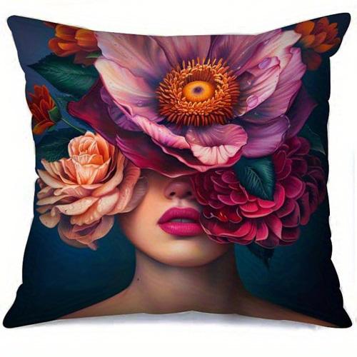 Home Decor Floral Portraits: Women & Colorful Blooms Pattern Cushion Cover Suitable for Sofa Bedroom Car Pillow Cover