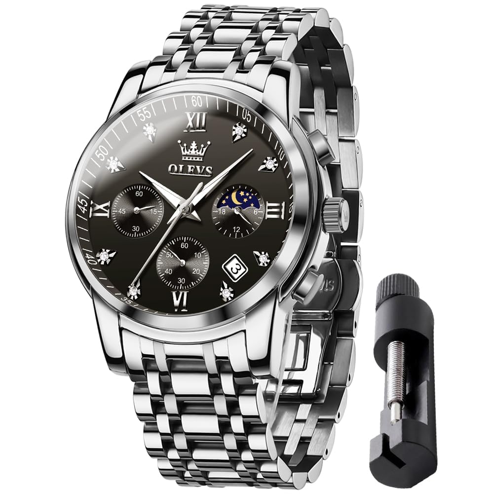 OLEVS часы для мужчин кварцевые фазы Луны таймер из нержавеющей стали простые модные водонепроницаемые светящиеся часы с датой для мужчин (черный)
