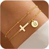 Waterproof Women Initial Cross Bracelets 14K Gold Layered Cross Bracelet Disc Bracelet for Teen Girl Baptism Christian Gifts