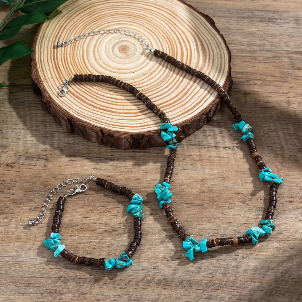 Two Pc Surfers Turquoise Wooden Bead Necklace Men's Hip-hop Minority High Sense Men's Beaded Clavicle Chain