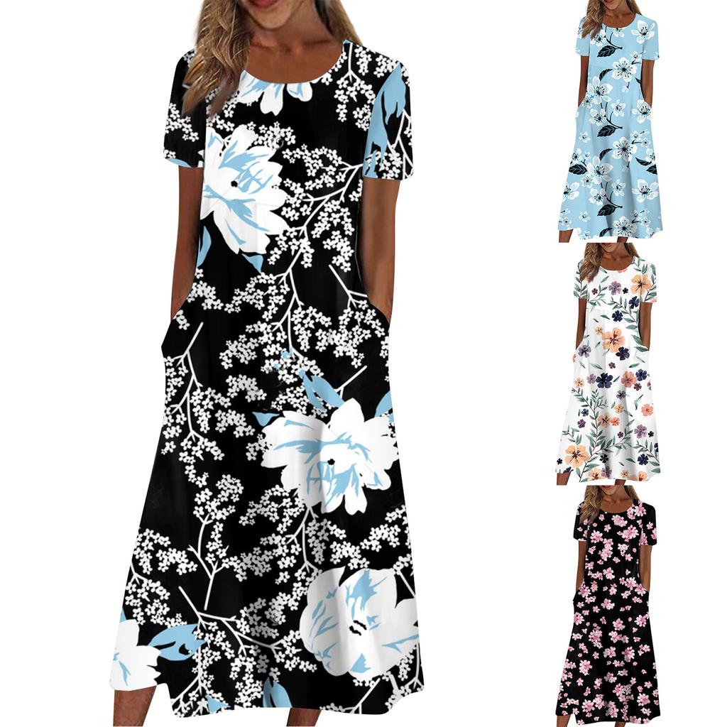 Women's Summer Casual Fashion Vintage Floral Print Round Neck Loose Dresses