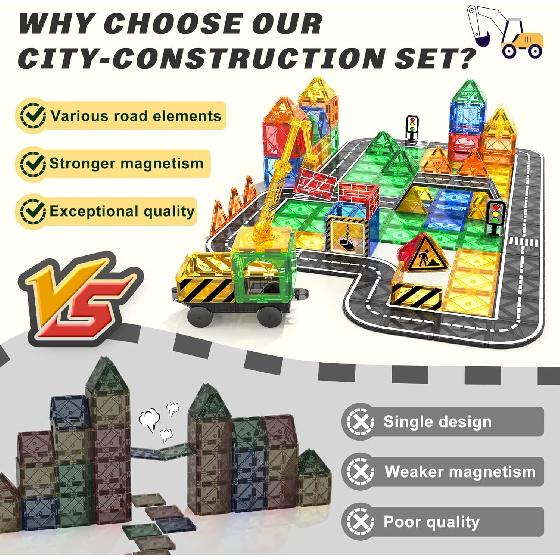 Kids Games Magnetic Tiles Road Set with Extendable Magnetic Crane, City Construction Building Toys for Toddlers STEM Preschool Ages 4-6 5-7, Gifts