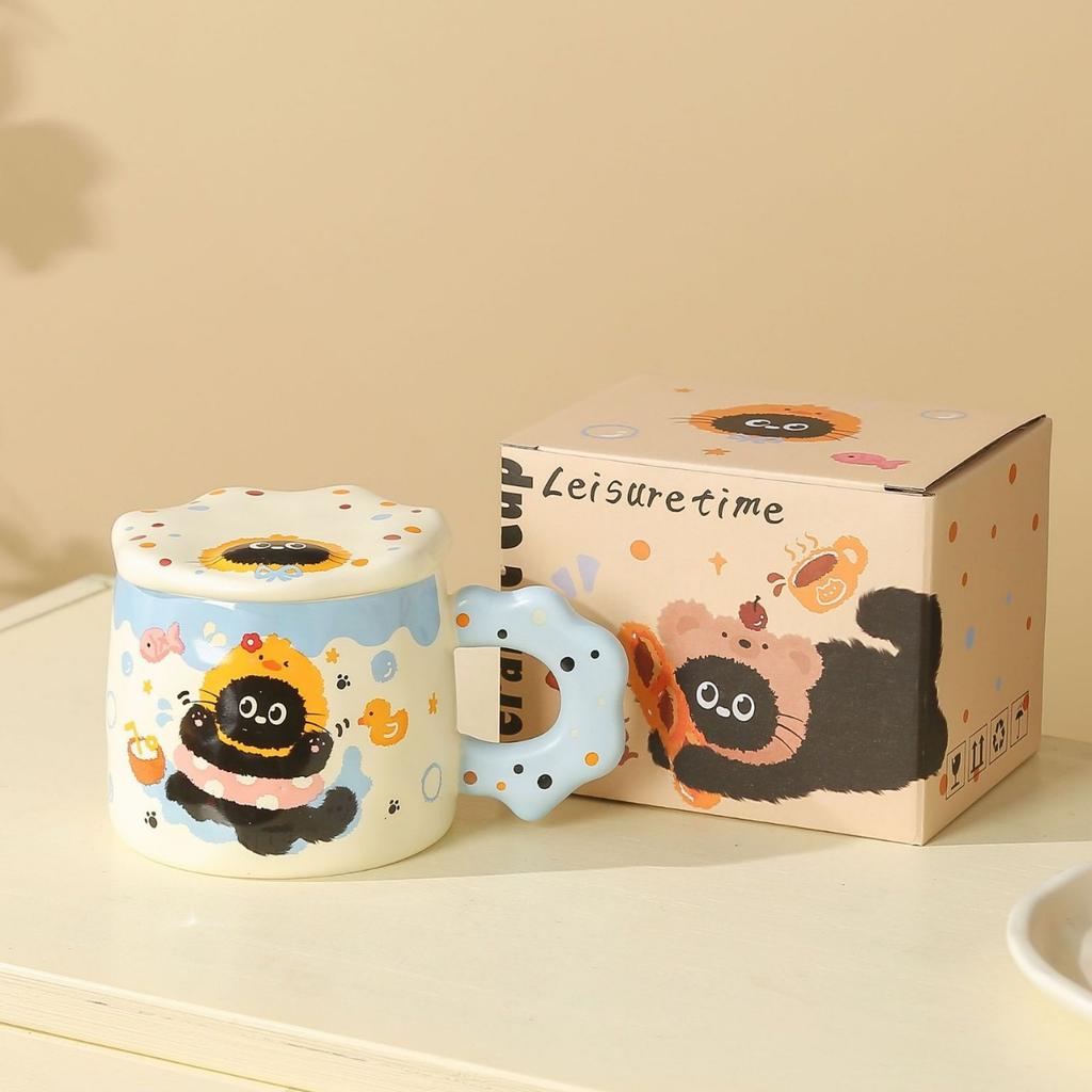 Cat Embossed Lid Mug High Looking Ceramic Cup Creative Souvenir Breakfast Milk Girl Water Cup Gift