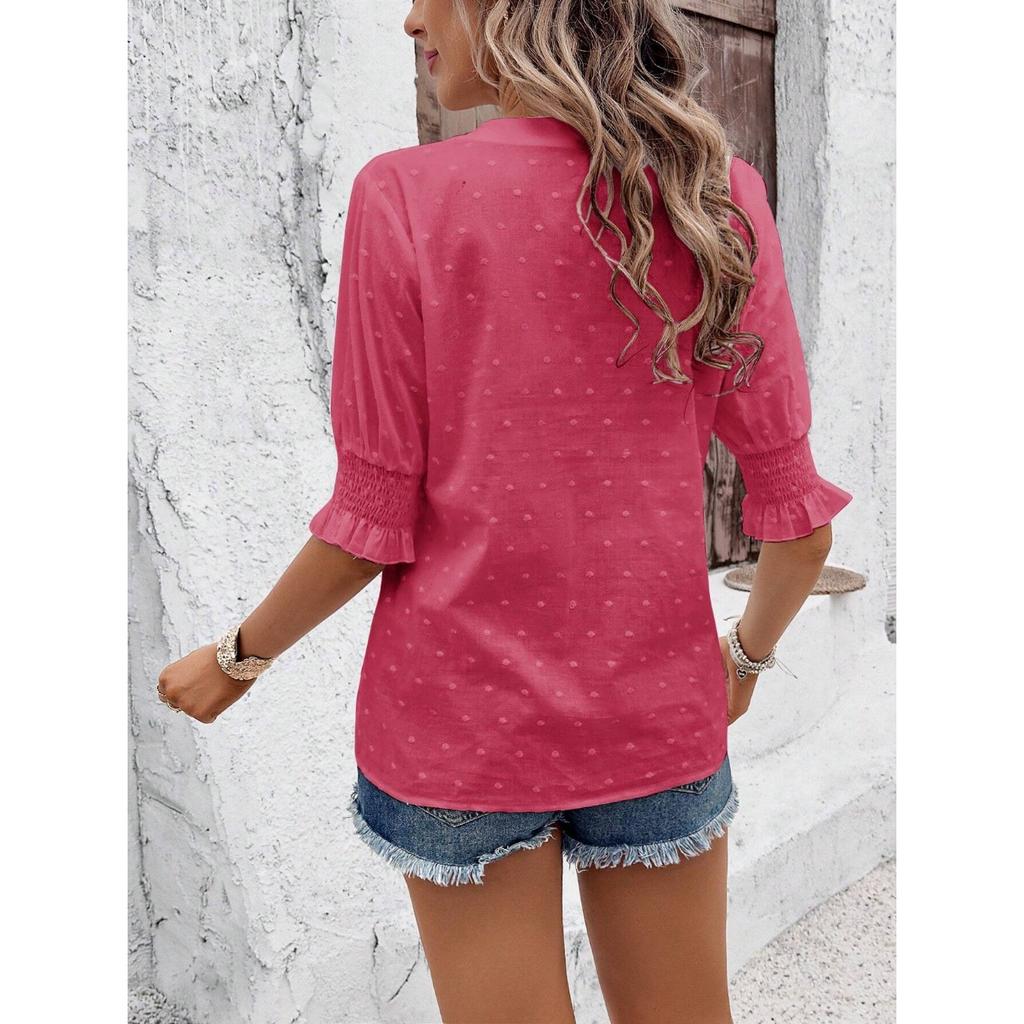 GMXIA Spring Summer V-neck Bubble Sleeve Hollow Sleeve Hairball Lace T-shirt Top Woman