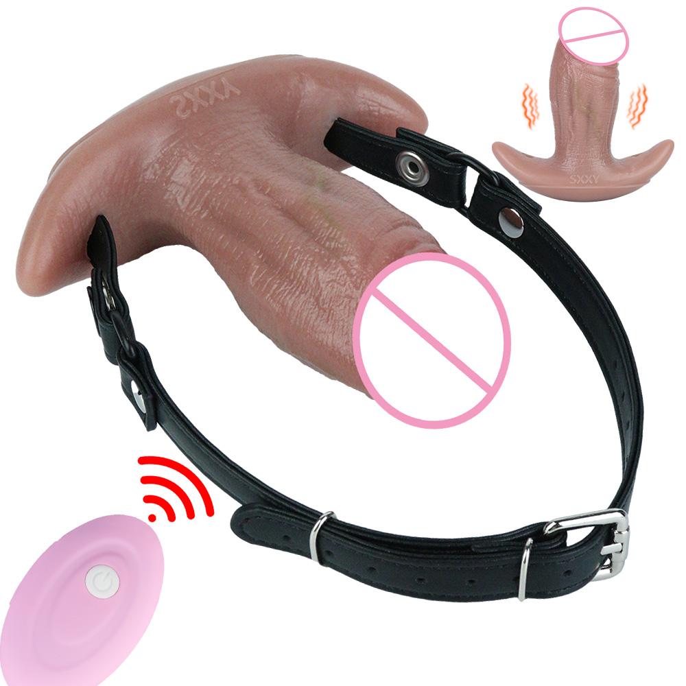 SXXY Dual-Purpose Skin-Feel Dildo Anal Plug Vibrating Mouth Gag Sex Pleasure Toy For Men Women BDSM Game Play