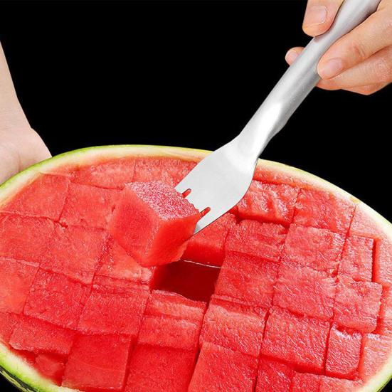 Stainless Steel Fruit Fork Cutter Watermelon Dual Slicer Tool with 2-In-1 Head Fork Lightweight