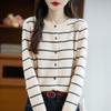 Autumn 2025 Korean Striped Knit Wool Cardigan for Women - Round Neck Color Block Sweater Top