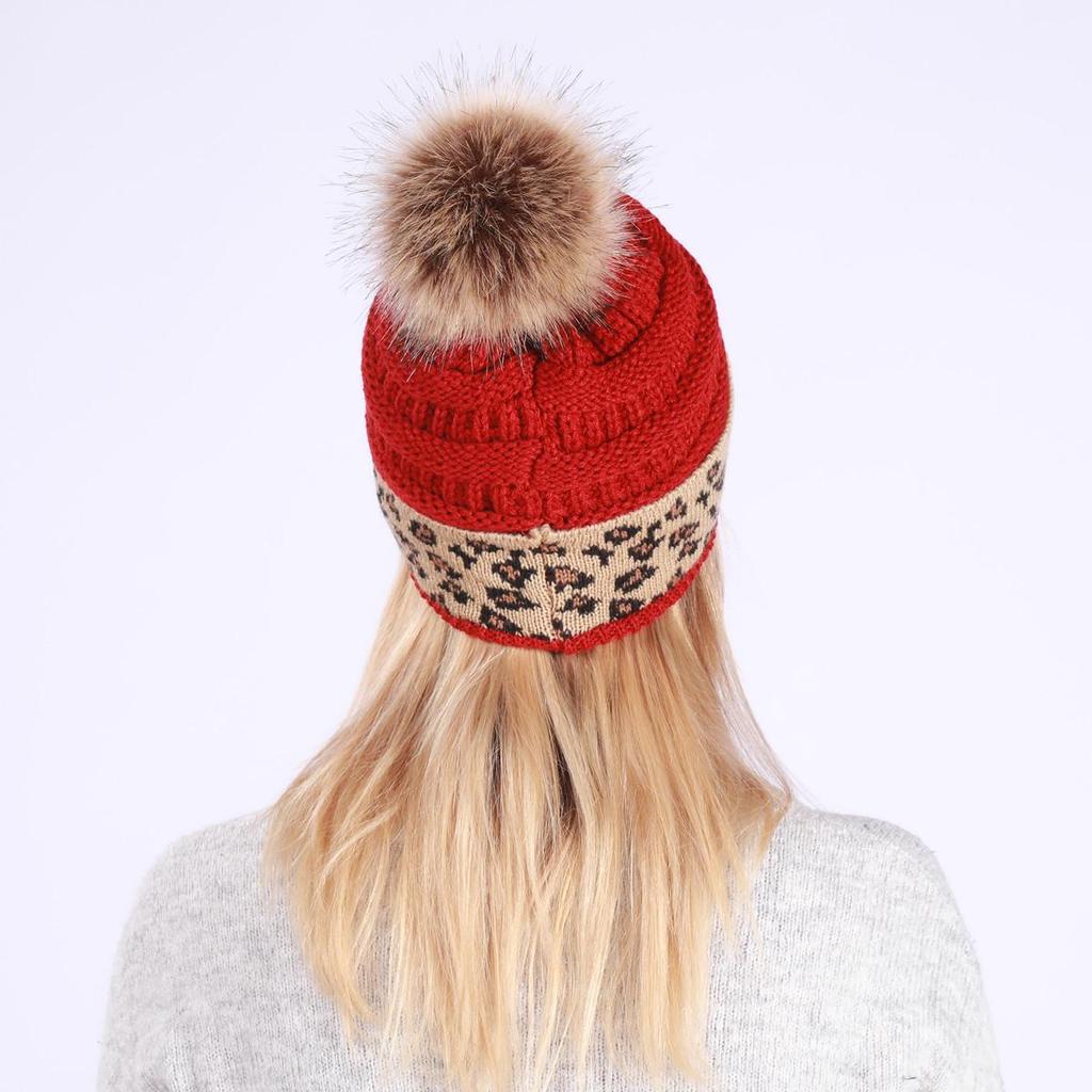 Осенне-зимняя женская утепленная вязаная шерстяная шапка с леопардовым ворсом