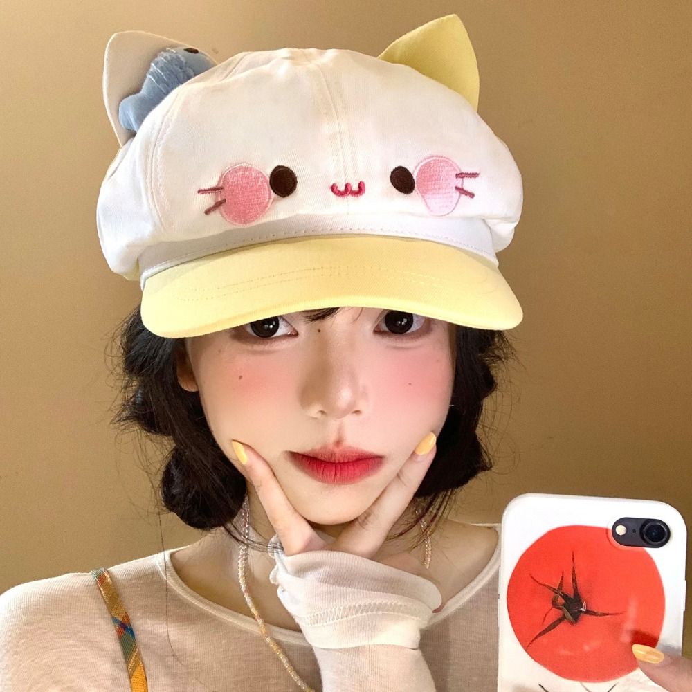 Japanese Style Cat Ears Beret Big Head Cartoon Beret Fashion Octagonal Hat Female Wear
