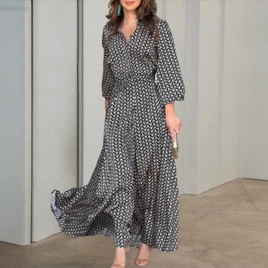 Women's Summer Maxi Dress V Neck Long Sleeve Flowy A-line Dress Casual Long