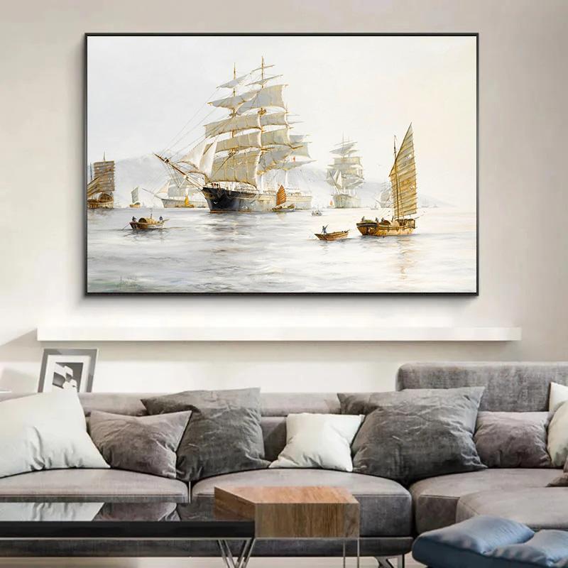 Винтажный Парусный Корабль Морской Пейзаж Холст Картина Плакат Корабль Фрески Печатает Волну Настенные Художественные Фотографии для Гостиной Домашний Декор