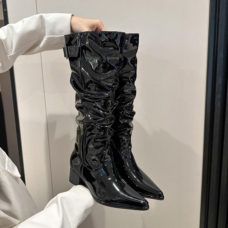 Сексуальные женские сапоги с острым носком, модные туфли на высоком каблуке, блестящие кожаные туфли, зимние замшевые туфли до колена в готическом стиле Botas Mujer, роскошные туфли-лодочки