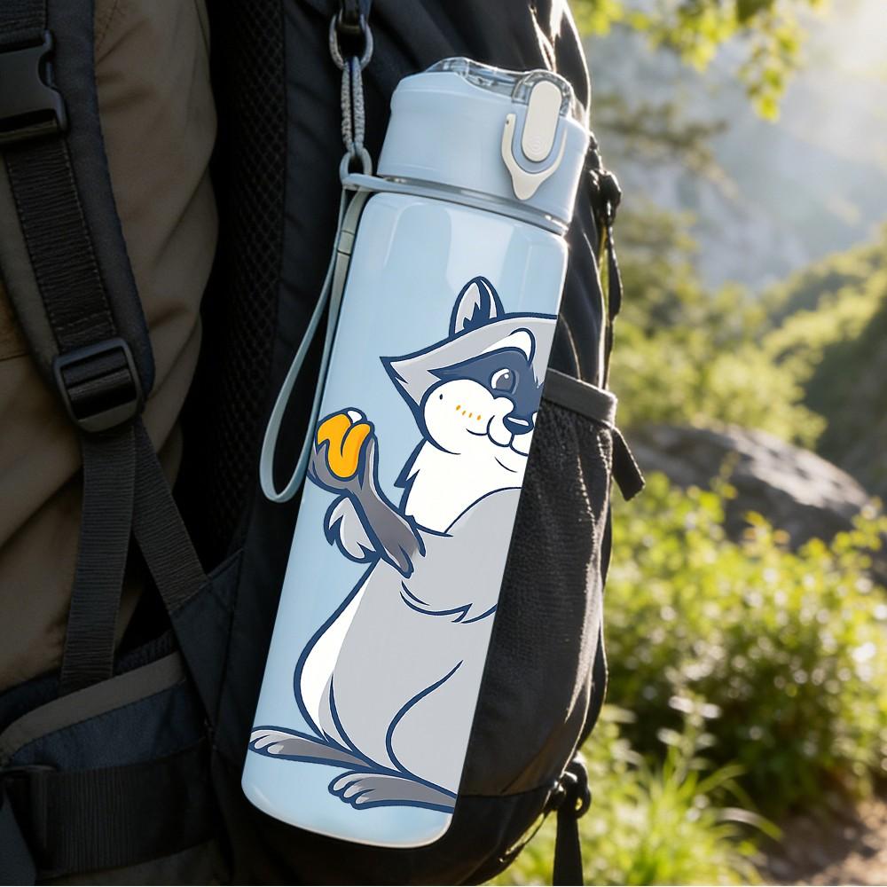 1PC Cute Snack Raccoon Cartoon 750ml Color Plastic Sports Water Bottle Leakproof Flip Straw Lid Suitable for Sports Office Home Use