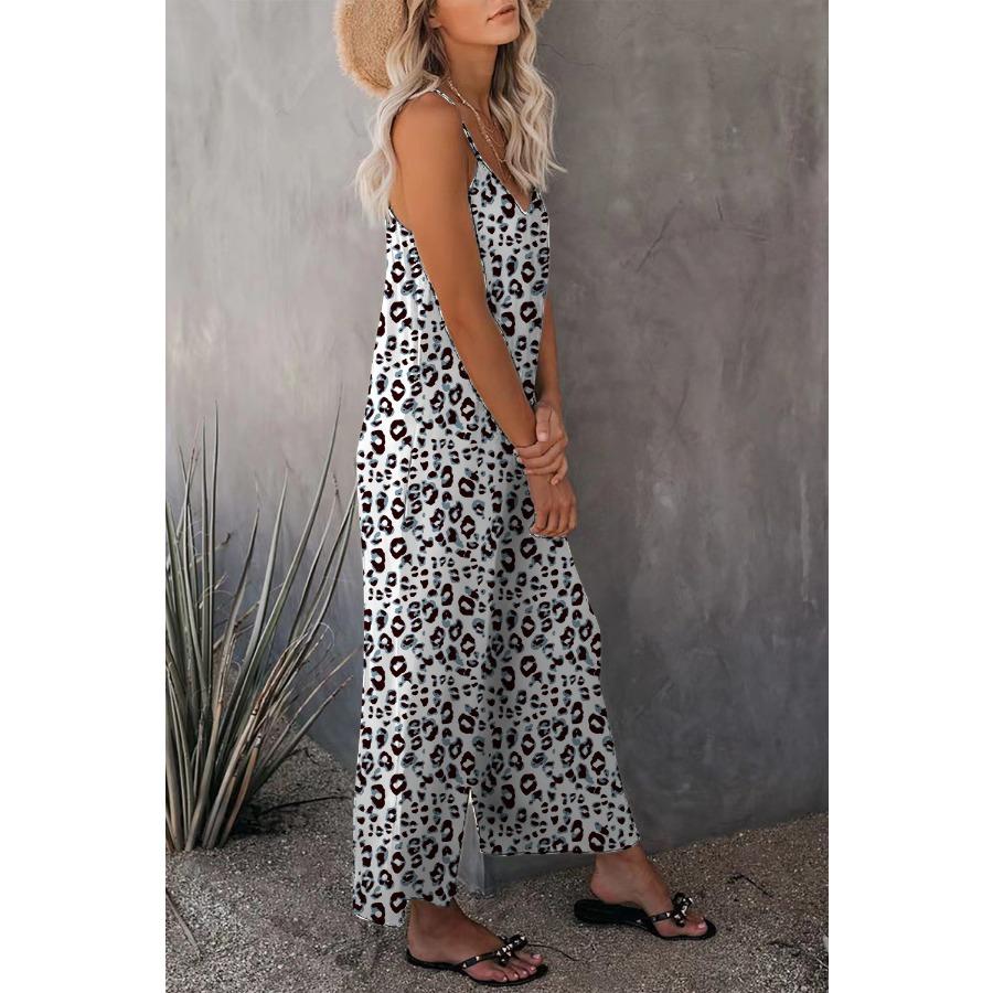 Summer Casual Beach Leopard Jumpsuit Women Spaghetti Strap Print Rompers Loose Pocket Sleeveless Jumpsuits