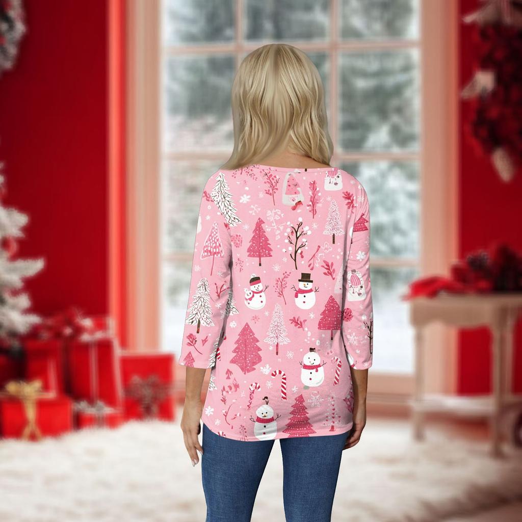 Women's O-Neck 3/4 Sleeve Christmas Print Top
