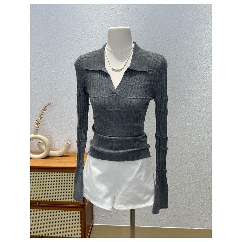 Нишевая вязаная рубашка с длинным рукавом с чувством дизайна женская осенняя облегающая и тонкая ло-рубашка уникальный популярный топ