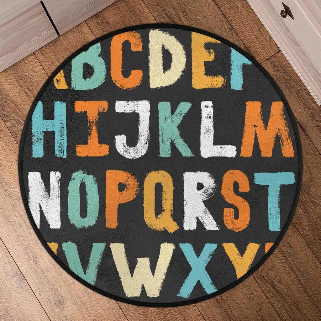 English Letters Round Rug, Washable Soft Circular Floor Mat, Non Slip Low Pile Area Rugs for Kids Room Bedroom Bathroom Laundry