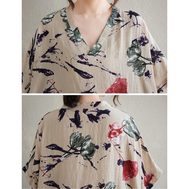 DIMANAF 2025 Лето Большой Размер Новое Платье Пляжное Повседневное Базовое Свободное V-образный вырез Женское Винтажный Принт Длинное Платье Макси