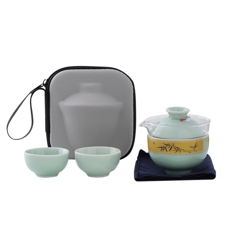 Portable celadon travel teacup tea set small set glass outdoor one pot three cups ceramic express cup brewing teapot