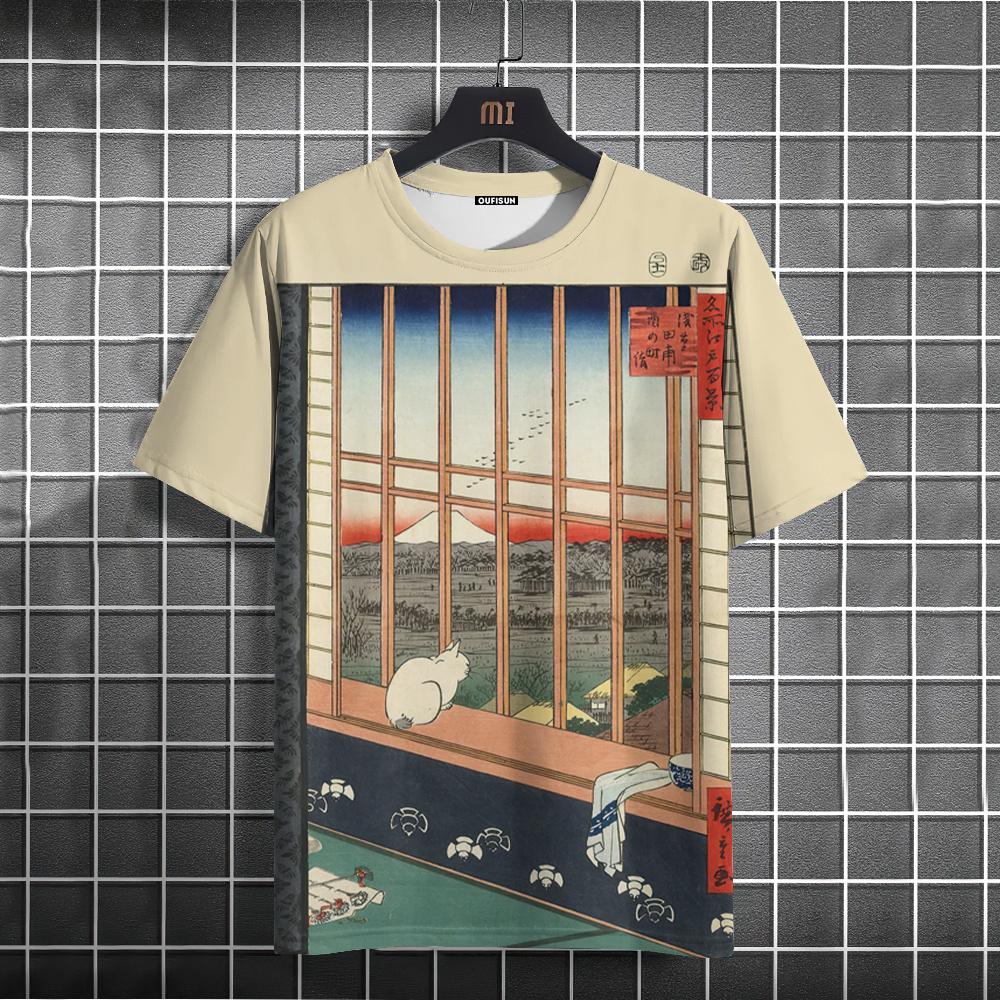 Мужская футболка с 3D-принтом Ukiyo-E, свитер с короткими рукавами, уличная футболка, свободная спортивная рубашка, повседневная мужская одежда больших размеров