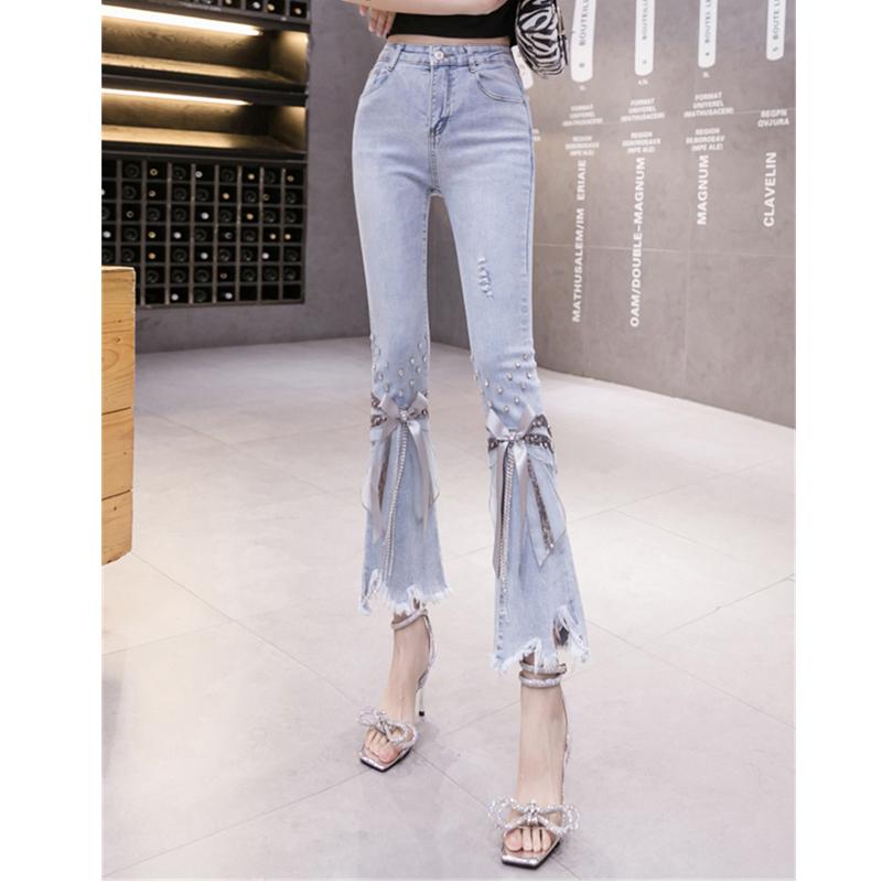 Spring 2022 Womens Fashion High Waist Women's Bow Jeans Skinny Tassel Woman Denim Capris Flare Pants Jean Mom Jeans Trousers
