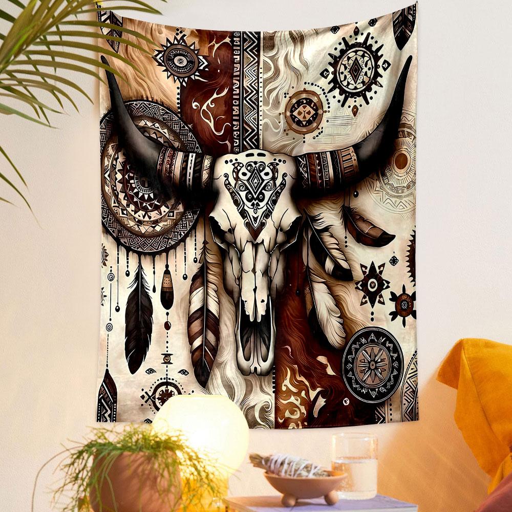 Boho Cow Skull with Feathers and Patterns Patterned tapestry home decor, suitable for bedroom and living room, gift