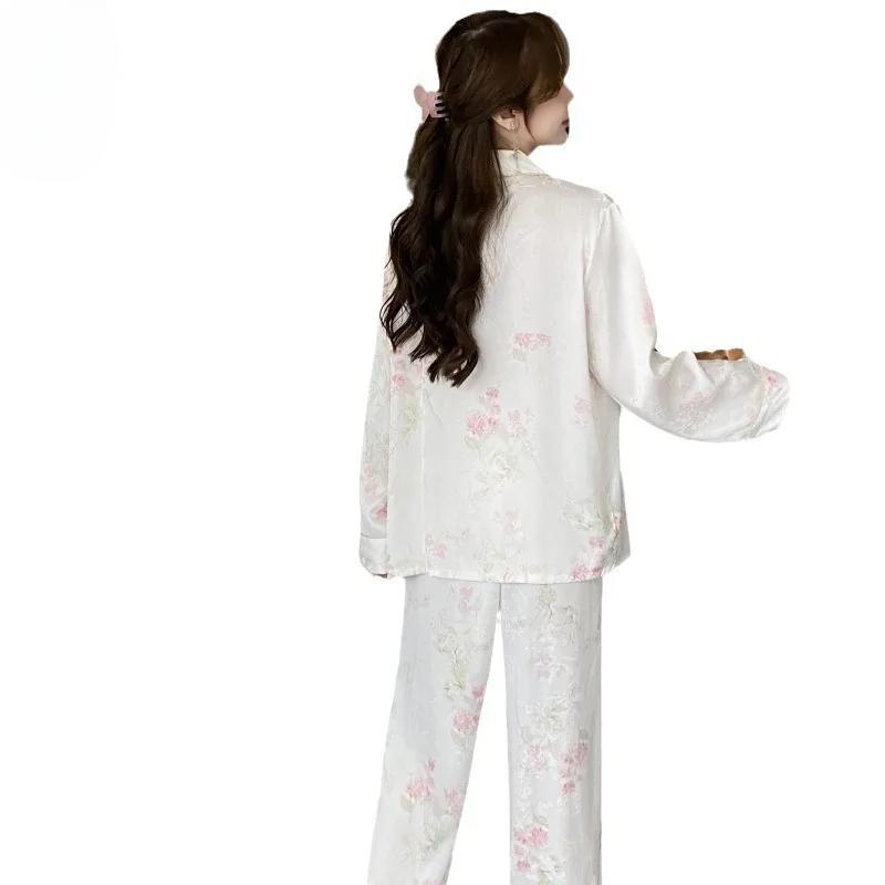 Весенние и осенние пижамы женские с цветочным принтом новые домашние костюмы с длинными рукавами из ледяного шелка роскошная домашняя одежда