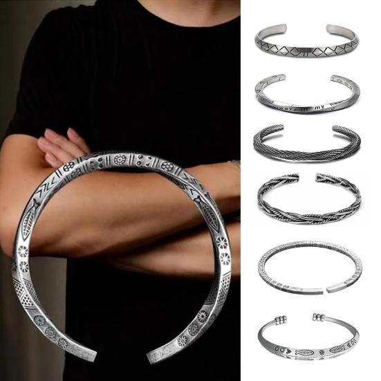 Men Bracelet Opening Adjustable Silver Color Twist Boho Wrist Decoration Easy To Wear Fish Letter Curved Sleeve Bracelet Men Jewelry