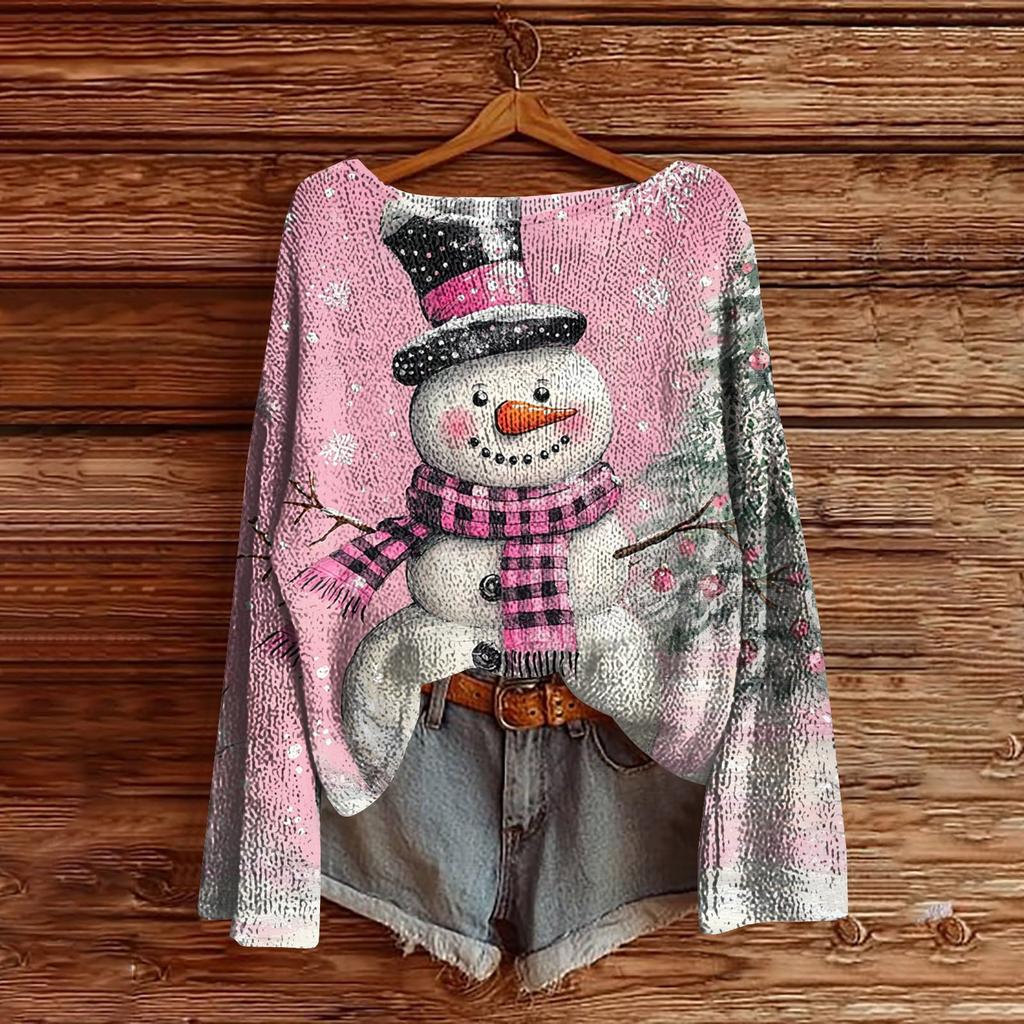 Women's Christmas Print Lightweight Sweater Casual Long Sleeve Knitted Pullover