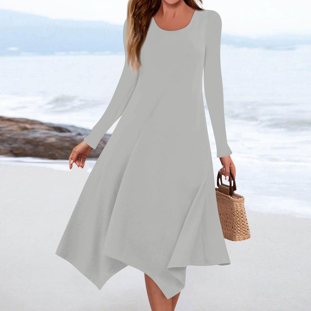 Women's Casual Fashion Round Neck Long Sleeve Solid Color Irregular Hem Midi Dress