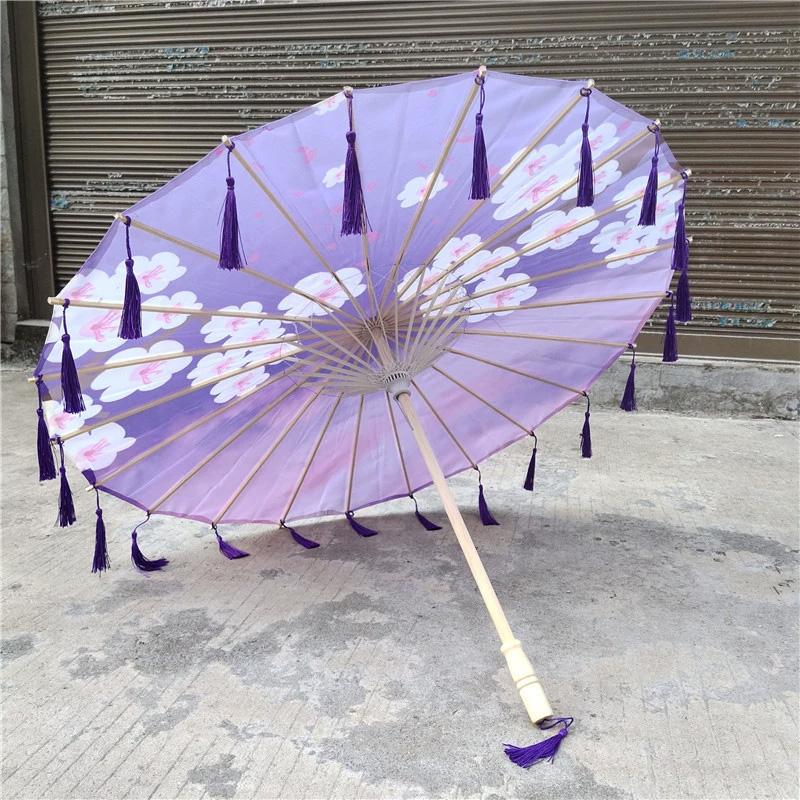 1PC with Tassel Classical Women's Umbrella for Hanfu Accessories Satin Cloth Photograph Props Fairy Ancient Parasol